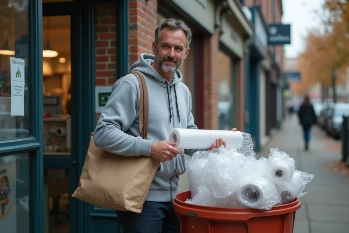 Homme récupérant du papier bulle gratuitement devant un commerce local avec bac de recyclage
