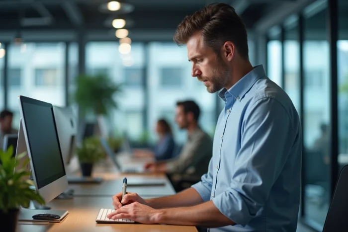 Homme rédigeant un email professionnel dans un open space de bureau contemporain