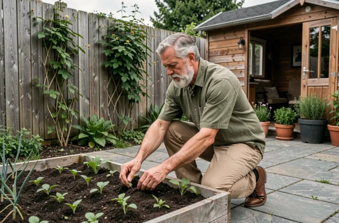 Homme retraité actif jardinent dans son potager, symbolisant l'épanouissement et le bien-être durant les années senior