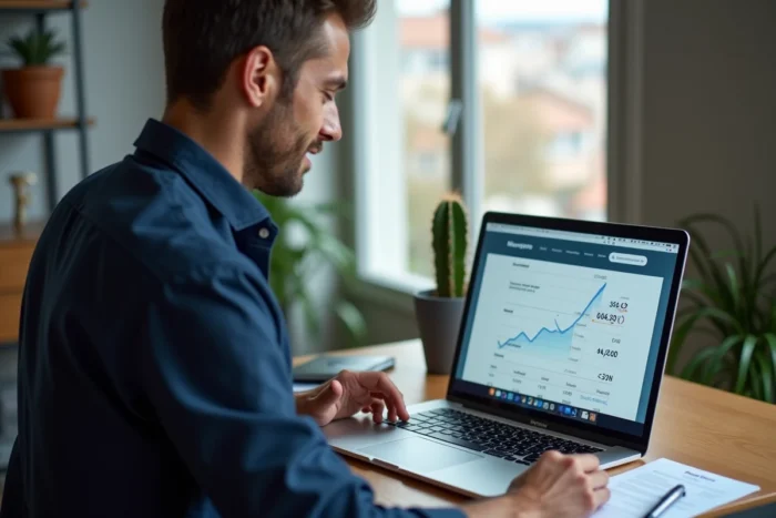 Homme utilisant un simulateur en ligne pour calculer les mensualités d'un crédit immobilier de 130 000 euros sur 25 ans