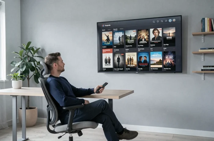 Homme choisissant un film sur une plateforme de streaming gratuite via sa smart TV dans un bureau moderne