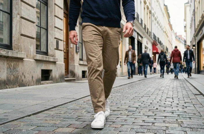 Homme marchant en sneakers blanches sur des pavés en ville, alliant confort et style dans une tenue décontractée du quotidien