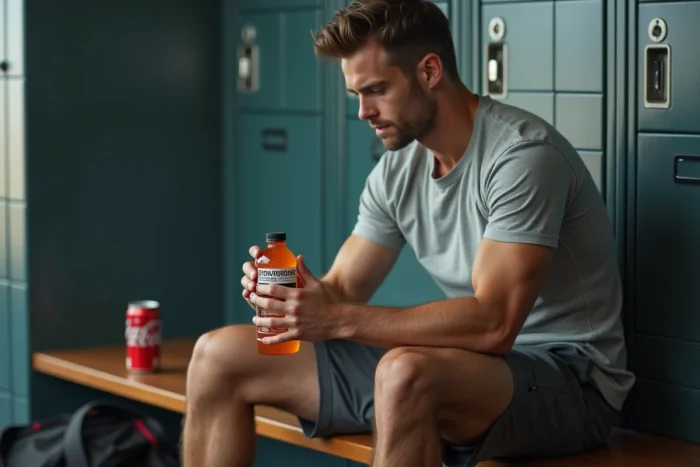 Homme lisant l'étiquette nutritionnelle d'une bouteille de Powerade dans un vestiaire de sport avec un Coca-Cola posé à côté