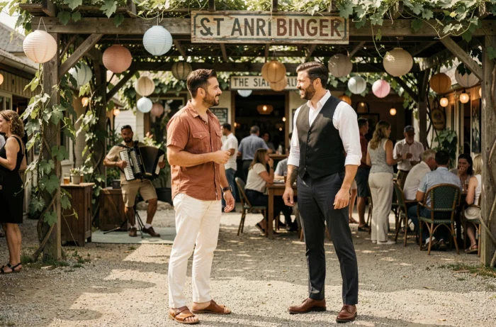 Deux hommes en tenue guinguette rétro années 50 discutant sous une pergola décorée lors d'une fête de bord de rivière