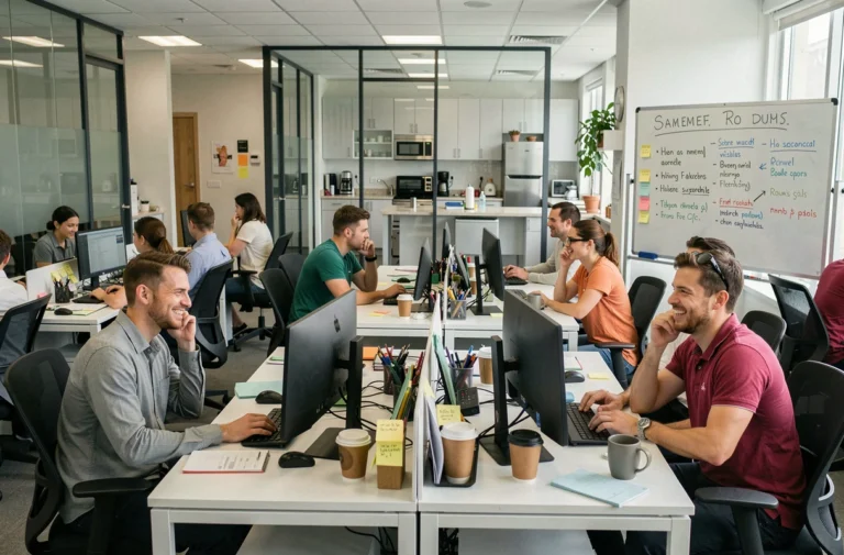 Vue panoramique d'un open space de bureau animé où des collègues échangent des regards complices et des sourires retenus, illustrant l'humour du quotidien au travail