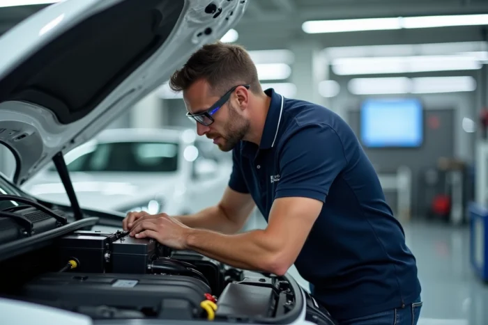 Ingénieur automobile examinant un module de batterie hybride dans un centre de recherche automobile moderne en 2024