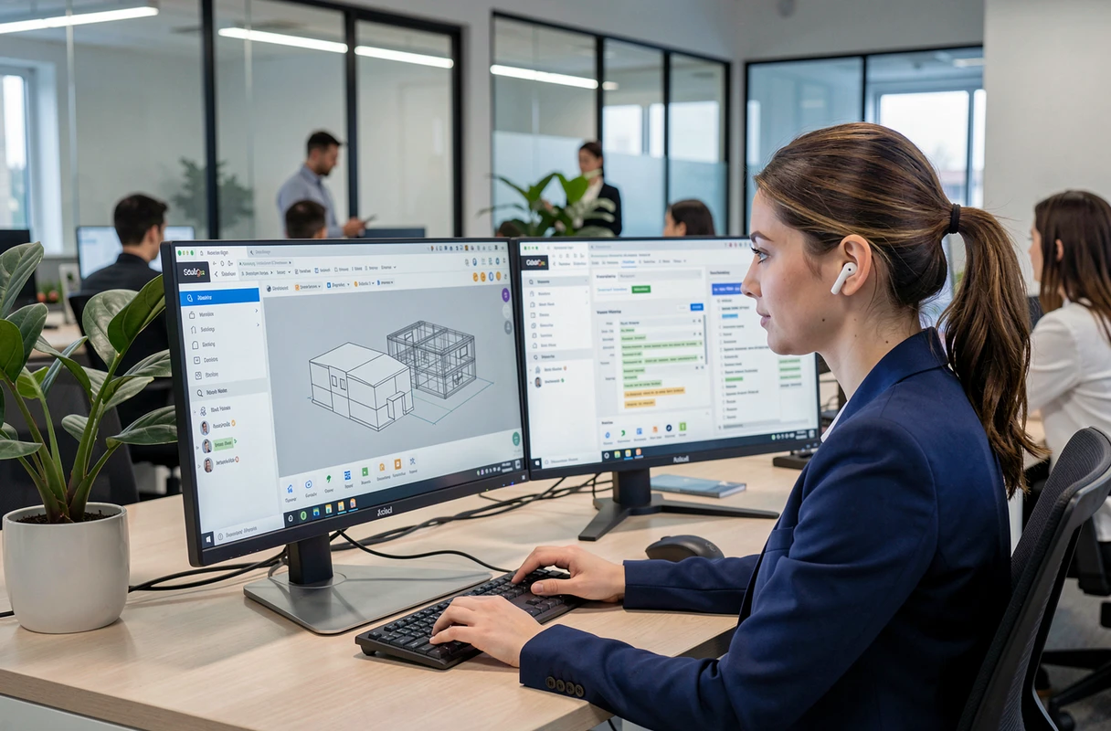 Ingénieure travaillant sur une plateforme de collaboration BIM avec deux écrans dans un espace de coworking