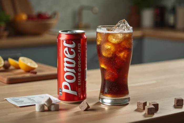 Comparaison visuelle d'une canette de Powerade et d'un verre de Coca-Cola sur un comptoir de cuisine avec des ingrédients nutritionnels