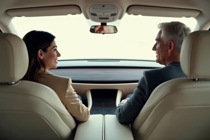 Intérieur futuriste d'un véhicule autonome de luxe 2024 avec tableau de bord OLED incurvé et passagers en conversation détendue