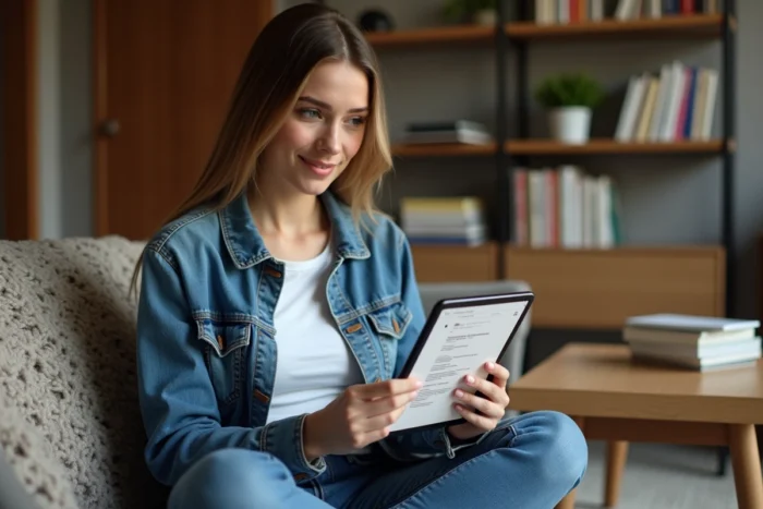 Jeune femme explorant la page sitemap d'un site web sur une tablette dans un salon cosy