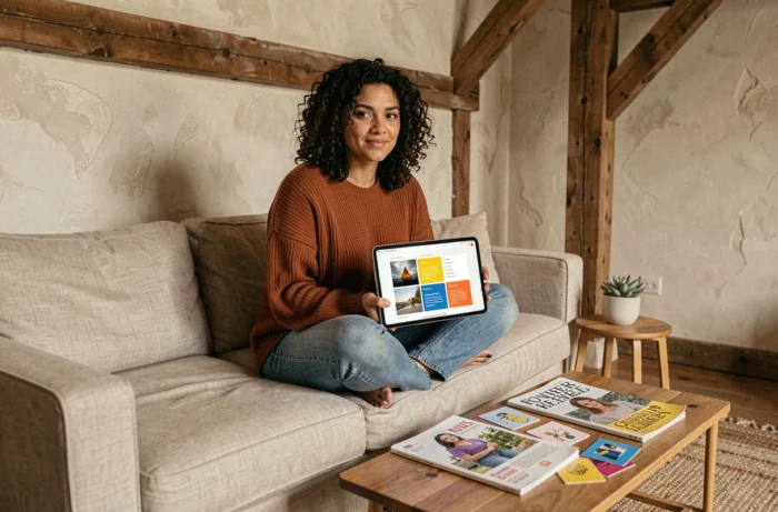 Jeune femme parcourant du contenu inspirant sur une tablette dans un salon chaleureux et décoré avec soin