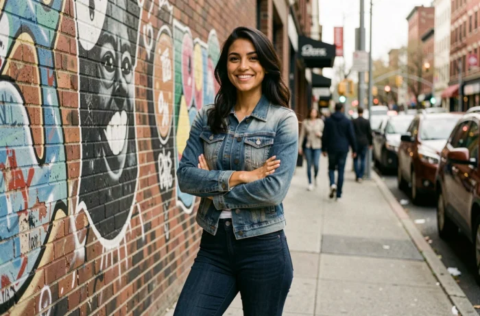 Jeune femme souriante en veste en jean devant un mur de briques urbain avec des fresques colorées dans une grande ville