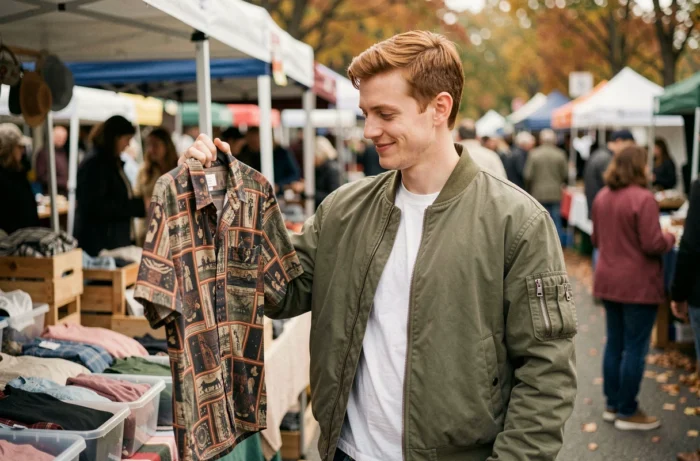 Jeune homme parcourant un stand de marché aux puces en plein air, tenant une chemise vintage des années 90