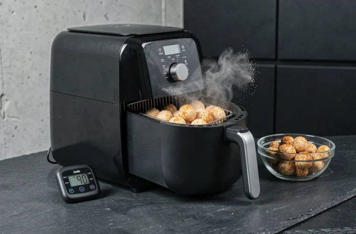 Panier d'air fryer ouvert avec des joels en cours de cuisson dorée, minuteur et bol d'assaisonnement posés sur un plan de travail en ardoise