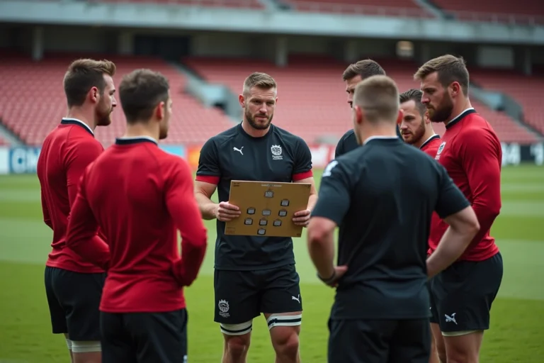 Joueurs de rugby Nationale 2 réunis autour d'un tableau tactique lors d'une séance d'entraînement en club
