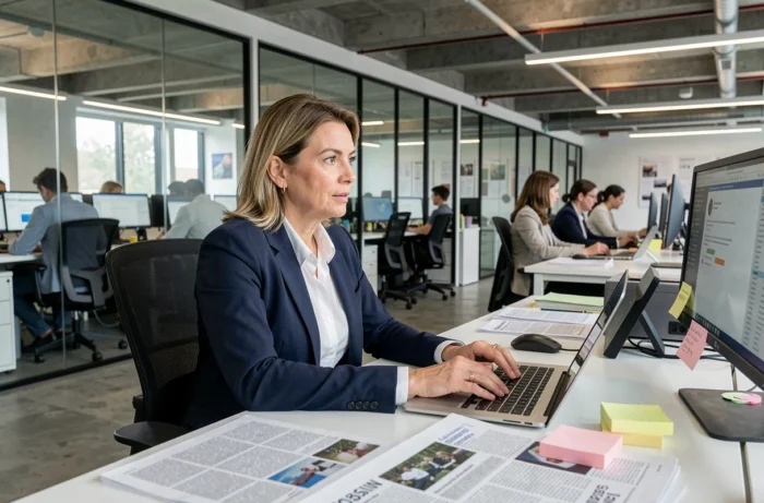 Journaliste professionnelle dans une salle de rédaction moderne consultant les actualités de la semaine sur plusieurs écrans
