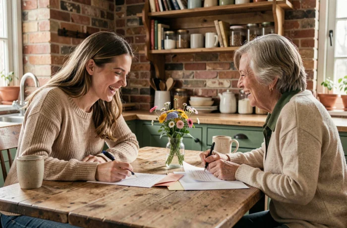 Jeune femme et sa tante partageant des lettres manuscrites et un bouquet de fleurs sauvages autour d'une table en bois rustique