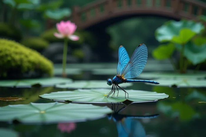 Libellule bleue survolant un étang de lotus dans un jardin zen, évoquant la spiritualité, la sérénité et l'équilibre des chakras