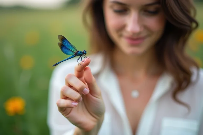 Femme tenant une libellule bleue sur son doigt dans une prairie verdoyante, symbolisant l'énergie spirituelle et l'harmonie des chakras