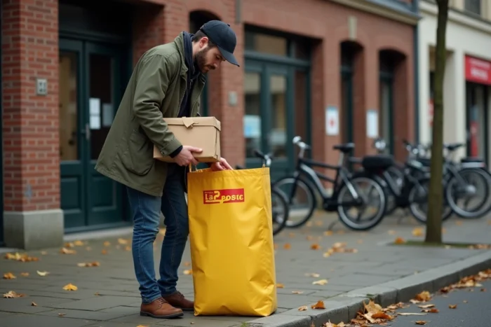 Livreur déposant un colis Vinted dans un sac de collecte La Poste devant un bureau de poste en France
