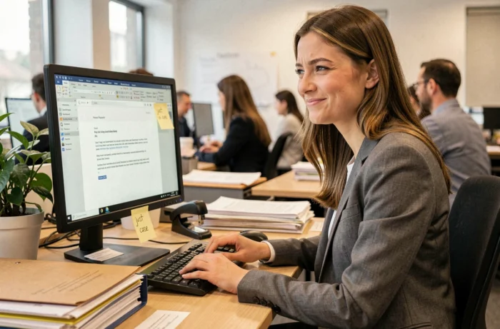 Une femme en fin de vingtaine sourit avec une culpabilité amusée en rédigeant un mail d'excuse préventif sur son ordinateur, illustrant l'humour du travail bureaucratique