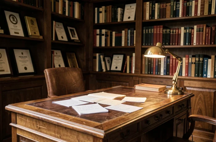 Bureau bibliothèque privé dans la maison de Jean-Pierre Pernaut, étagères en bois sombre remplies de livres et bureau en cuir