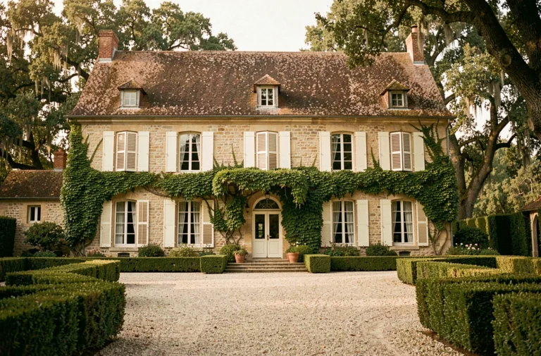 Façade extérieure de la maison de Jean-Pierre Pernaut, demeure en pierre de style maison de maître française avec volets crème et cour gravillonnée