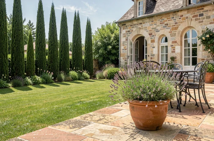 Jardin et terrasse ensoleillés derrière la maison de Jean-Pierre Pernaut, mobilier en fer forgé et façade en pierre calcaire
