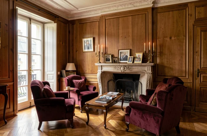 Salon intérieur élégant de style classique français dans la résidence de Jean-Pierre Pernaut, cheminée en pierre et fauteuils velours bordeaux