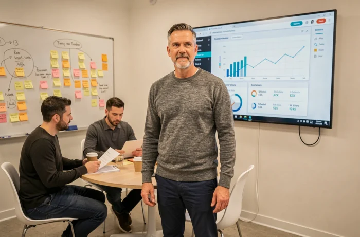 Manager informatique présentant des données à son équipe dans une startup tech, conseils carrière 2024