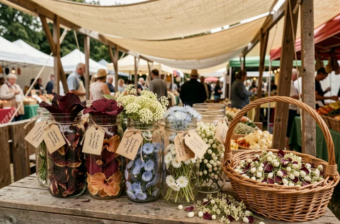 Étal de marché fermier présentant des bocaux de fleurs séchées biologiques variées pour la préparation de thés et infusions naturels