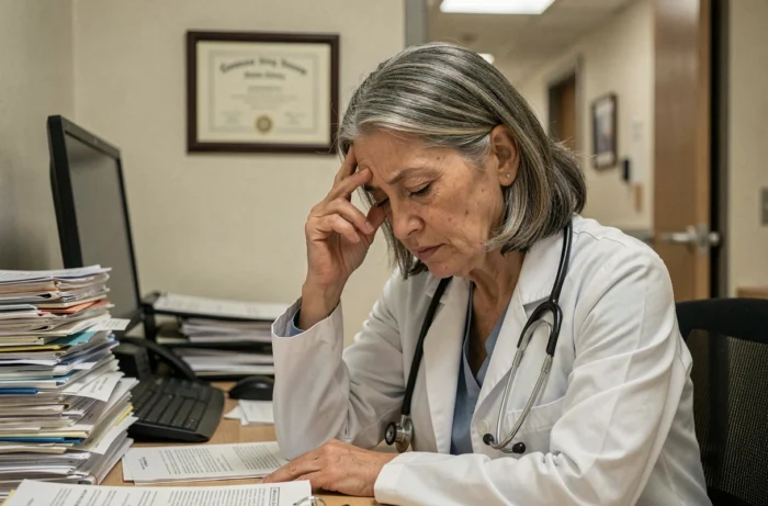 Médecin femme fatiguée seule dans son bureau illustrant l'impact psychologique des attitudes vicieuses dans le milieu professionnel de la santé