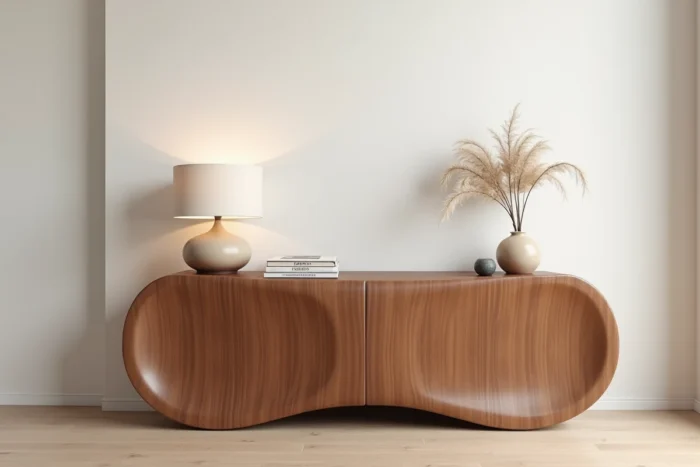 Meuble buffet courbe en noyer avec des lignes organiques arrondies dans un salon contemporain aux tons chauds et neutres