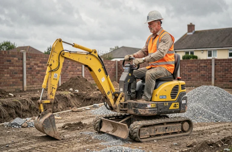 Mini-pelle jaune compacte sur un chantier résidentiel avec un opérateur en gilet haute visibilité creusant une tranchée