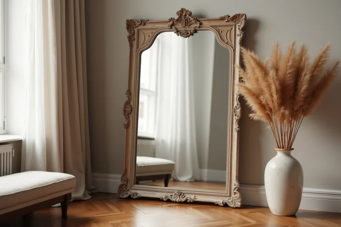 Grand miroir de récupération à cadre boisé patiné posé au sol dans un salon élégant avec parquet en arête de poisson