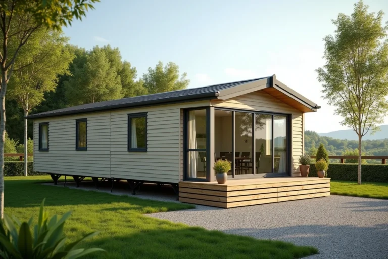Mobil-home moderne installé sur un terrain privé avec terrasse en bois et végétation environnante