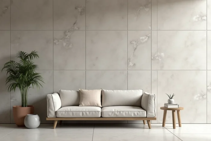 Mur d'accent en grès cérame grand format avec un carrelage gris beige veiné dans un salon contemporain minimaliste