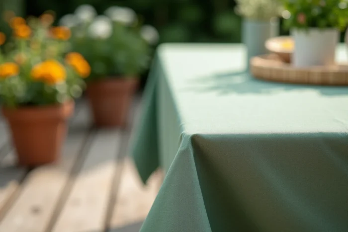 Gros plan sur la texture d'une nappe anti UV résistante aux intempéries posée sur une table de jardin en teck