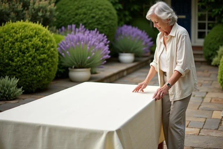 Femme installant une nappe extérieure anti UV blanche sur une table de jardin en pierre entourée de lavande