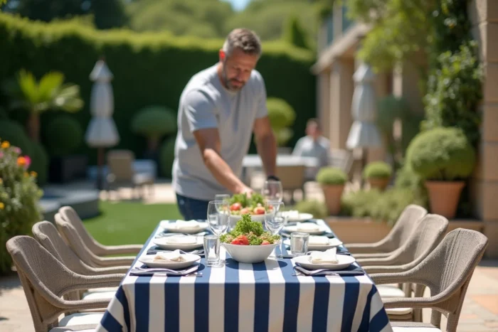 Table de jardin dressée avec une nappe extérieure rayée anti UV bleu marine sur une terrasse méditerranéenne