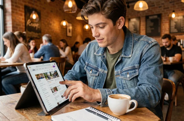 Jeune professionnel naviguant entre les pages d'un site cyber business depuis un café