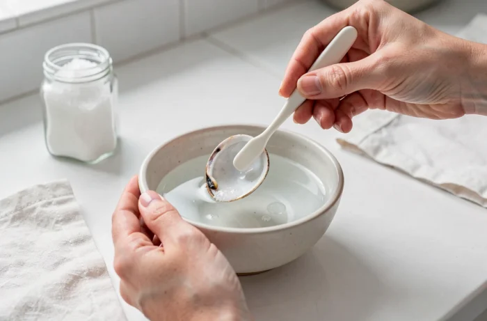 Mains de femme nettoyant un œil de sainte lucie avec une brosse douce au-dessus d'un bol en céramique rempli d'eau vinaigrée