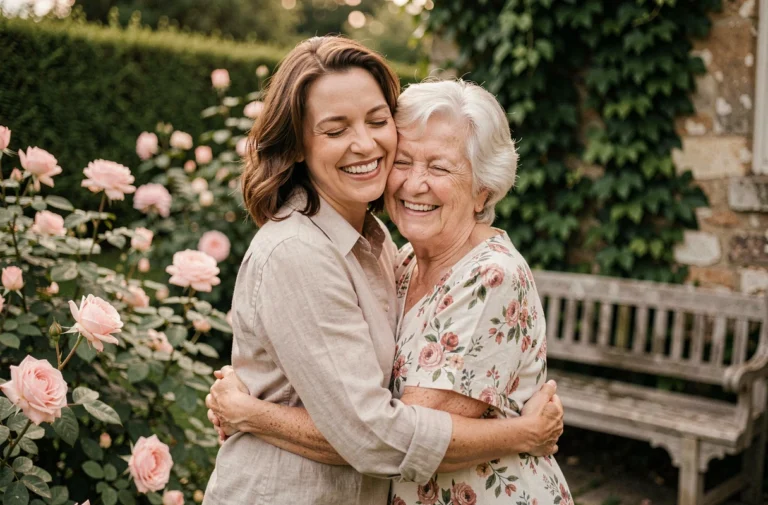 Nièce et tante qui s'embrassent tendrement dans un jardin fleuri, symbolisant un lien familial fort et affectueux