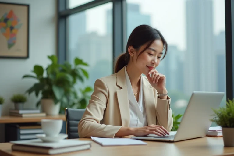 Jeune femme professionnelle souriante à son bureau, reflétant l'équilibre entre vie amoureuse épanouie et ambition professionnelle
