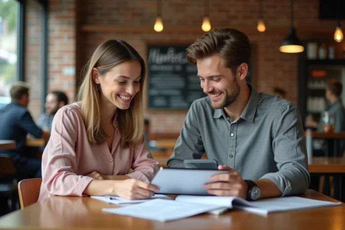 Couple collaborant sur des documents professionnels dans un café, illustrant comment une relation amoureuse peut stimuler la carrière et les projets communs