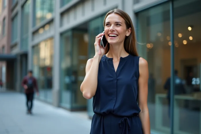 Femme professionnelle confiante au téléphone devant un immeuble de bureaux, symbolisant l'influence positive d'une relation amoureuse sur la carrière