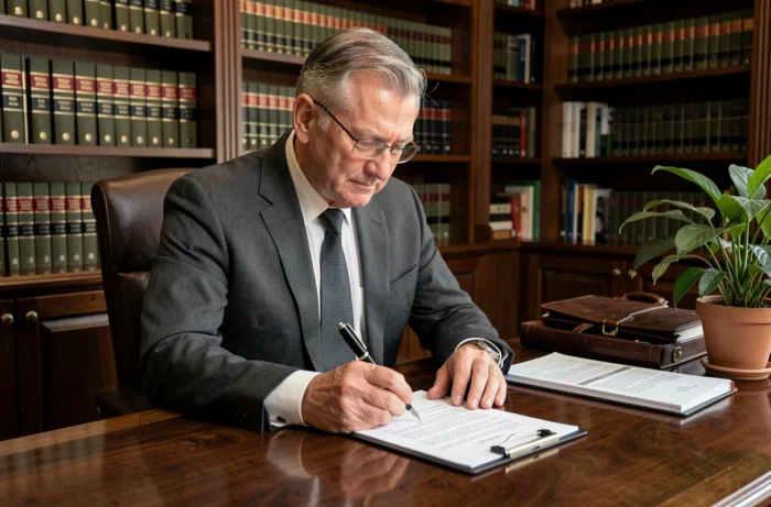 Notaire signant un acte de vente immobilier dans son bureau avec des documents officiels et des étagères de livres juridiques