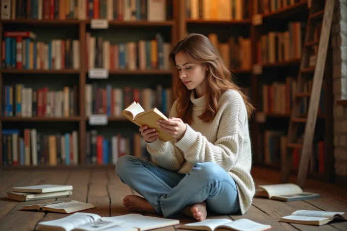 Femme découvrant les nouveautés littéraires dans une librairie indépendante entourée de livres