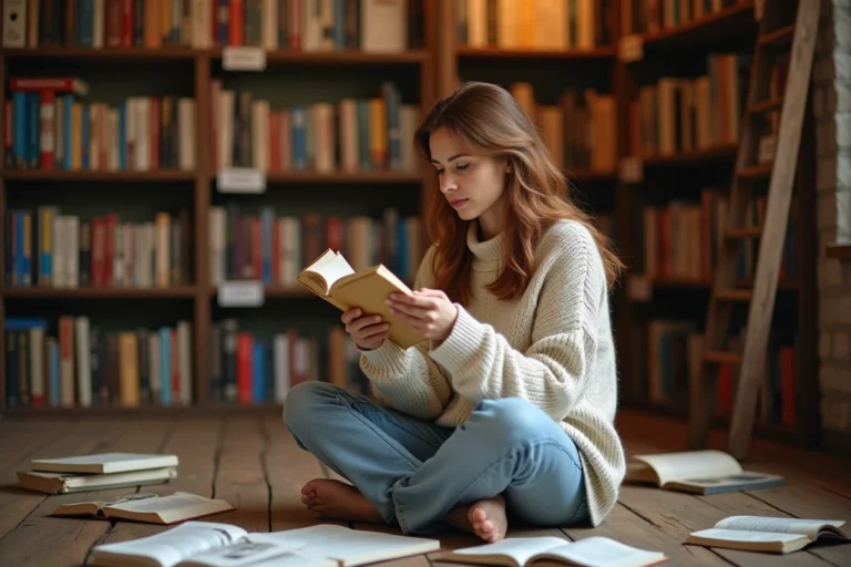 Femme découvrant les nouveautés littéraires dans une librairie indépendante entourée de livres
