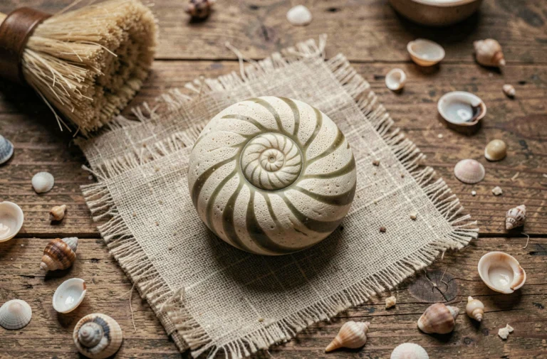 Gros plan sur un œil de sainte lucie posé sur un tissu de lin naturel avec des coquillages et une brosse, prêt pour le nettoyage